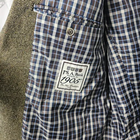 Vintage Jos. A. Bank Green Tweed Blazer Elbow Pads Preppy Classic Office 46L